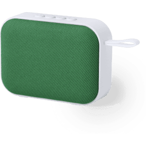 A compact green speaker with a white body, featuring control buttons and a loop for easy carrying.
