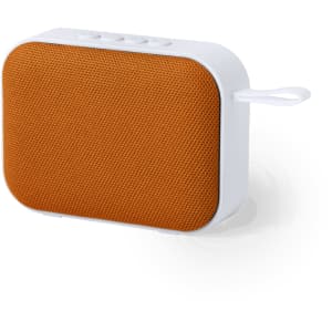 An orange wireless speaker with a white body and control buttons on the top. It features a loop for carrying.