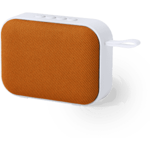 A compact speaker with an orange grille and white casing, featuring control buttons on the top and a carrying loop.