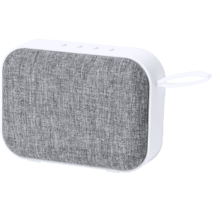 A rectangular speaker with a grey fabric front and a white casing, featuring a handle and buttons on top.