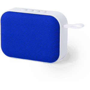 A blue speaker with a mesh front and white casing, featuring buttons and a handle for portability.