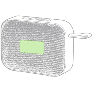 A portable speaker in white with a textured surface and a branded logo, featuring buttons on the top.