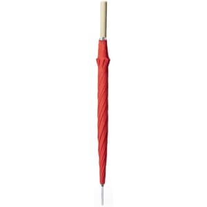 A red Korlet umbrella with a wooden handle, featuring a twisted design and a logo on the fabric.