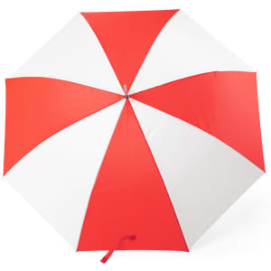 A red and white striped umbrella with a central pivot and a tied handle. It has a branding logo on it.