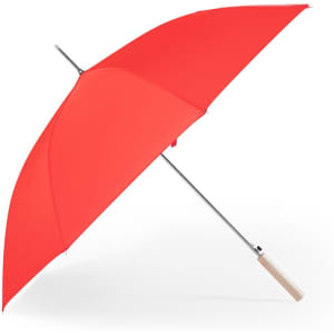 A red umbrella with a wooden handle and a metallic frame, featuring a simple design.