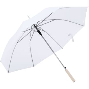 A white umbrella with a silver frame and a wooden handle. The umbrella features a simple design and a branding logo.