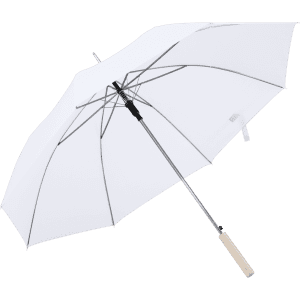 A white umbrella with a silver pole and wooden handle, featuring a sleek design and a branding logo.