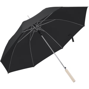 A black umbrella with a wooden handle and silver accents, featuring a logo on the canopy.