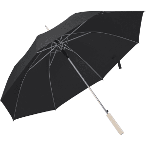 A black umbrella with a silver handle and a wooden grip. It features a logo on the handle.