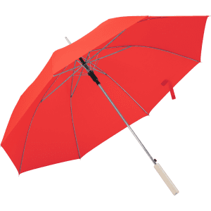 A red umbrella with a silver frame and a white handle, featuring a logo on the canopy.