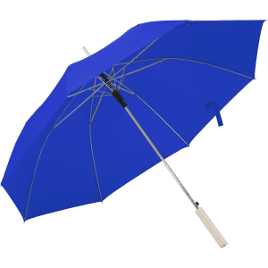 A blue Korlet umbrella with a silver handle and a logo. Ideal for outdoor leisure activities.