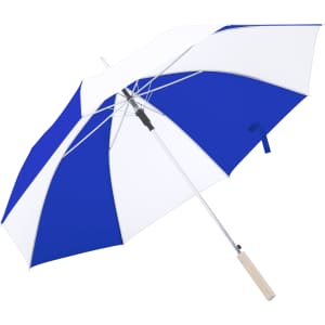 A blue and white umbrella with a wooden handle and a logo on the fabric. Suitable for leisure and outdoor use.