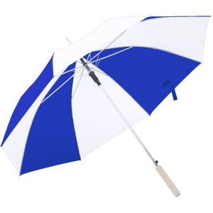 A large blue and white umbrella with a wooden handle and a silver frame. It features a branding logo.