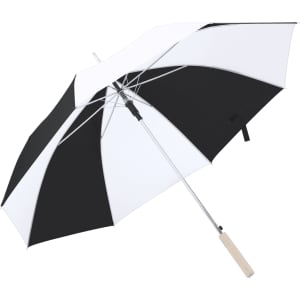A black and white umbrella with a wooden handle and a metal frame, featuring multiple panels in a striped pattern.