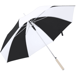 A black and white striped umbrella with a wooden handle and metal frame. It features a branding logo on the canopy.