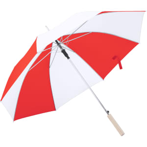A red and white striped umbrella with a wooden handle and a sleek design, featuring a branding logo.