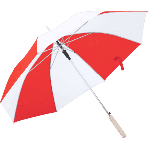 A red and white umbrella with a metal frame and a wooden handle, featuring a branding logo.