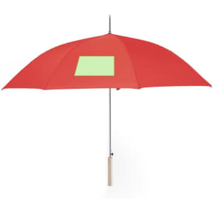 A red umbrella with a green square area and a wooden handle. It has a branding logo on it.