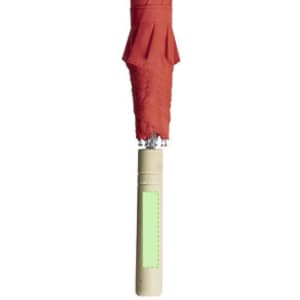 A red umbrella with a wooden handle, featuring a solid colour design and a branding logo on the handle.
