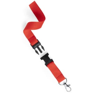 A red lanyard with a plastic clip and a metal hook for attachments, featuring a simple design.
