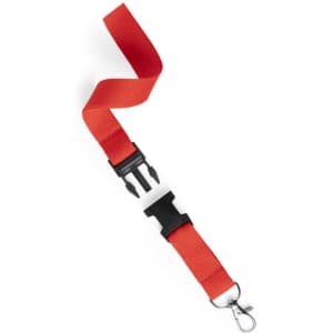 A red lanyard with a black clip and buckle, designed for holding ID cards or keys.
