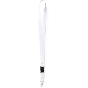 A white lanyard with a clip and adjustable buckle, featuring a branding logo.