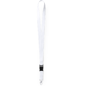 A white lanyard featuring a clip and a black section for adjustability, designed for events and exhibitions.