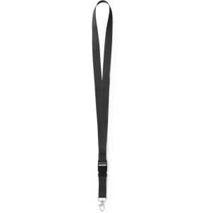 A black lanyard with a clip at the end, designed for attaching ID cards or badges.