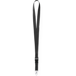 A black lanyard with a metal clip and branding, suitable for holding ID cards or keys.