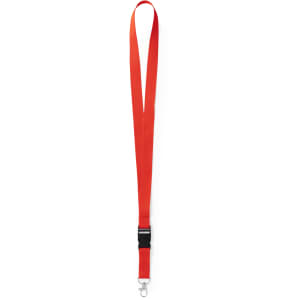 A red lanyard with a black clip and attachment for holding ID cards or keys.
