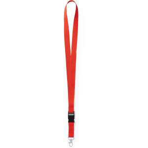 A red lanyard with a clip attachment, suitable for holding IDs or small items, featuring a logo.