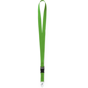 A green lanyard with a clip at one end, suitable for holding cards or badges.