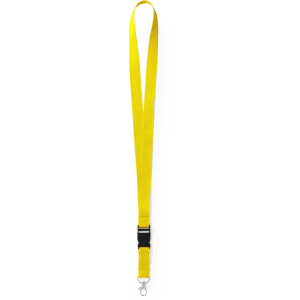 A bright yellow lanyard with a clip and a black safety buckle, designed for events and exhibitions.