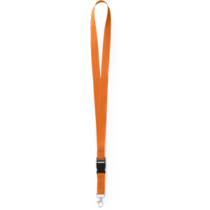 An orange lanyard with a clip attachment, featuring a branding logo, on a plain background.