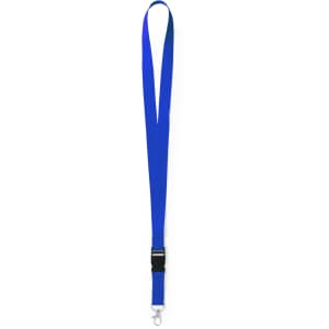 A blue lanyard featuring a clip for attachment, with a sleek, smooth design and a branding logo.