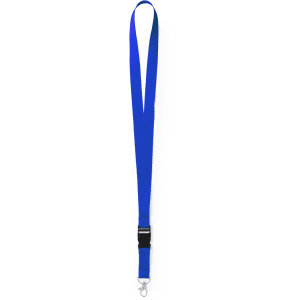 A blue lanyard with a clip and adjustable buckle, suitable for exhibitions and events.