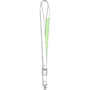 A green lanyard with a simple design featuring a clip at one end. It has a logo.