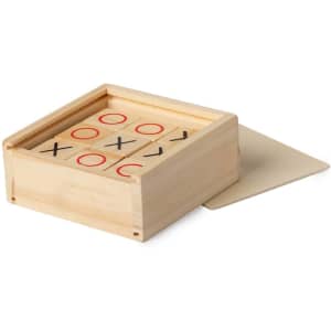 A wooden tic-tac-toe game set featuring red circles and black Xs, encased in a light wood box.