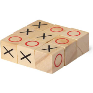 A set of wooden blocks featuring red and black Xs and Os arranged in a grid pattern.