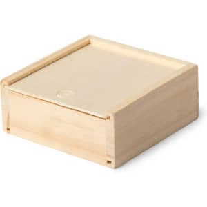 A wooden game box with a smooth, light-coloured finish and a sliding lid. It features a subtle logo.