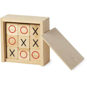 A wooden tic-tac-toe game in a natural finish, featuring red and black markings on the blocks, stored in a box.