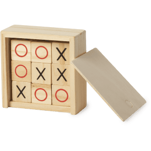A wooden tic-tac-toe game set featuring red and black markings, contained in a box with a removable lid.