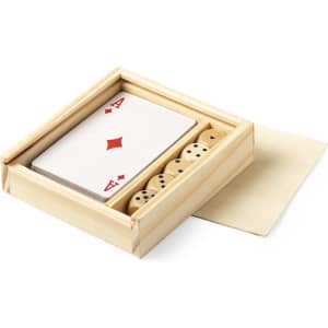 A wooden box containing a deck of cards and five dice, featuring a logo on the box.