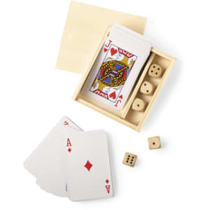 A wooden box containing a deck of playing cards and three dice, featuring red and white colours.