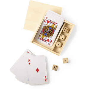 A wooden box containing a deck of playing cards and dice, featuring red, black, and light wood tones.