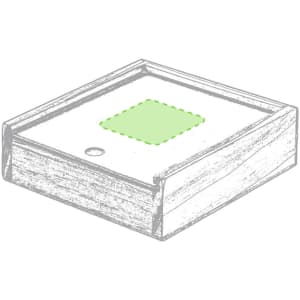 A wooden box with a green square design on the lid, featuring a logo.