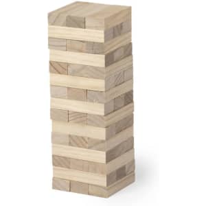 A wooden block tower with alternating light and dark shades, ideal for stacking games. It has a simple design and structure.