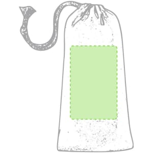 A drawstring bag in grey with a rectangular green area for customisation. It features a simple, functional design.