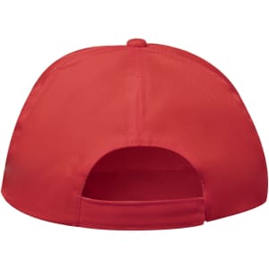 A red cap with an adjustable back and a branded logo. The fabric appears smooth and shiny.