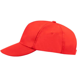 A red cap featuring a curved brim and a logo on the side. Suitable for headwear.